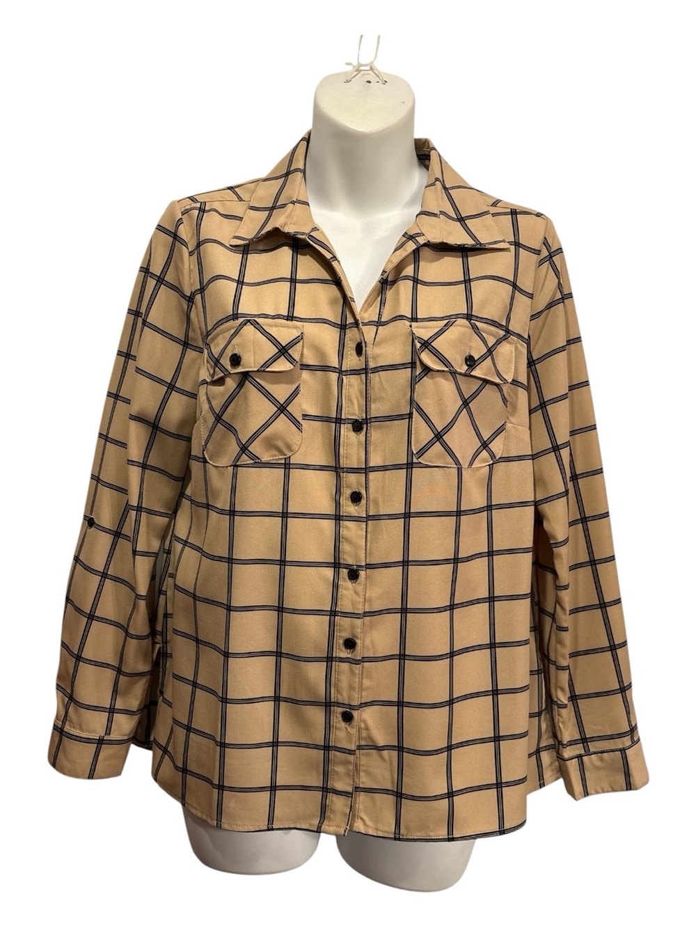 Studio Works Beige Plaid Button-Down Shirt size PM
